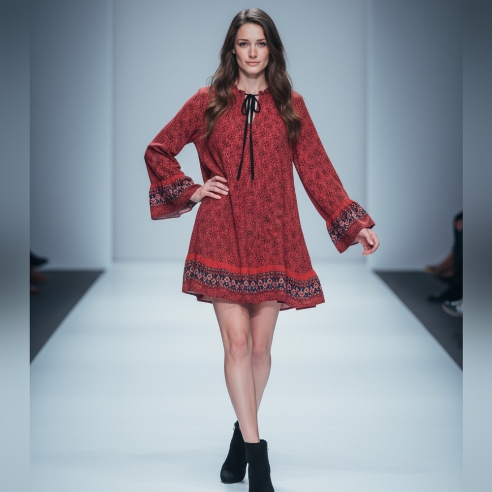 Farm Rio Oversized Bohemian Red Floral Angel Sleeves Tunic Mini Dress S (F9)